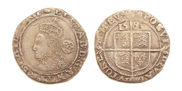 Silver sixpence, struck 1593, identifying Elizabeth as "by the Grace of God Queen of England, France, and Ireland"