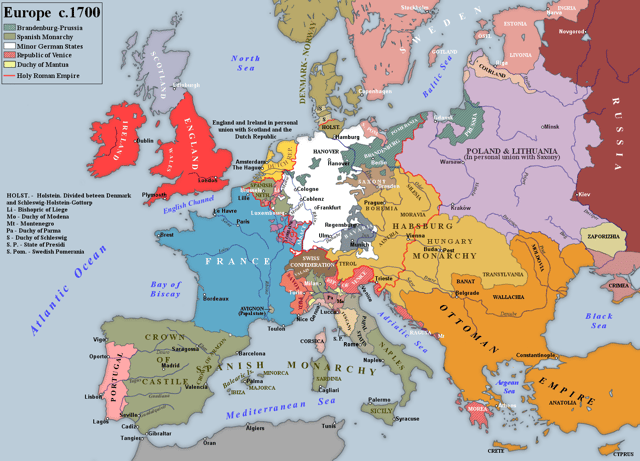 Map of European borders as they stood after the Treaty of Ryswick and just prior to Louis XIV's last great war, the War of the Spanish Succession.