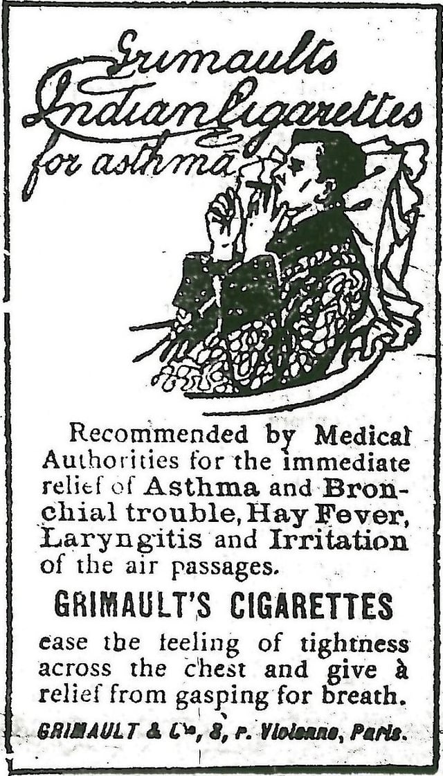 1907 advertisement for Grimault's Indian Cigarettes, promoted as a means of relieving asthma.