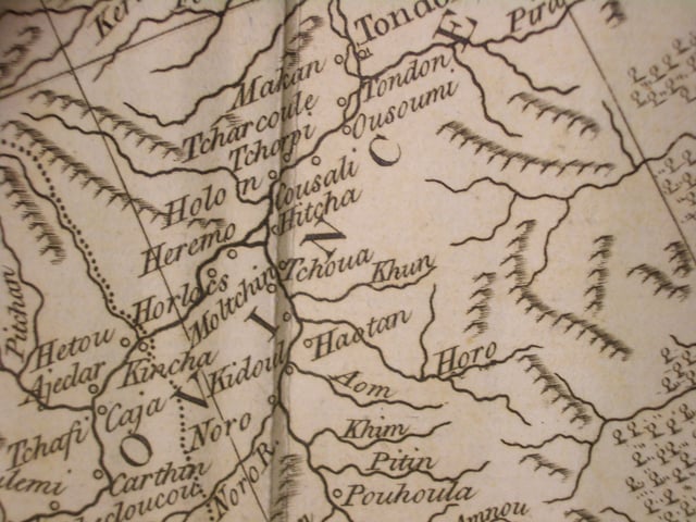Native villages near the site of the future Khabarovsk according to an English map of 1773. The village closest to today's Khabarovsk is labeled "Hitcha". Maack's "Cape Kyrma" site (thought by B.P. Polyakov to be the site of Stepanov's Kosogorsky Ostrog) is "Heremo"