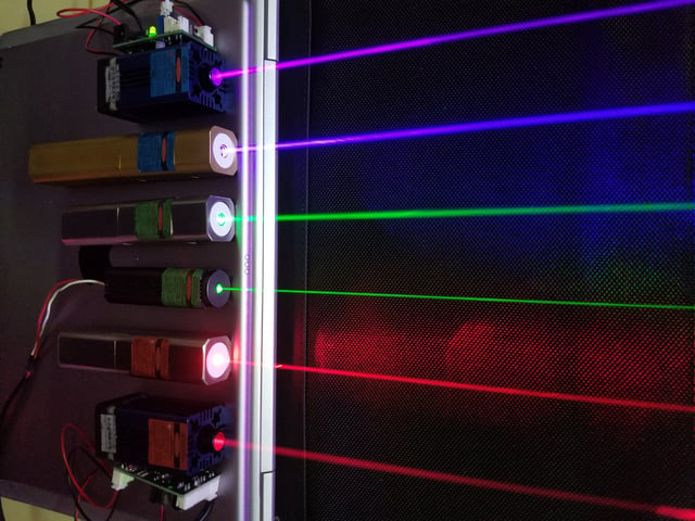 Red (660 & 635 nm), green (532 & 520 nm) and blue-violet (445 & 405 nm) lasers