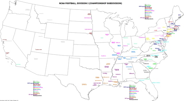Map of National Collegiate Athletic Association Football Championship Division I-AA schools