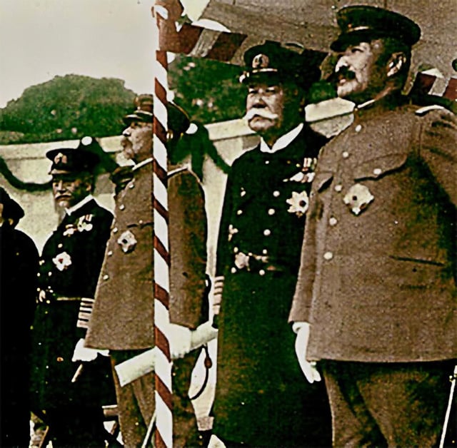 From left to right: Marshal Admiral of the Navy Heihachirō Tōgō (1848–1934), Marshal General of the Army Oku Yasukata (1847–1930), Marshal Admiral of the Navy Yoshika Inoue (1845–1929), Marshal General of the Army Kageaki Kawamura (1850–1926), at the unveiling ceremony of bronze statue of Marshal General of the Army Iwao Ōyama