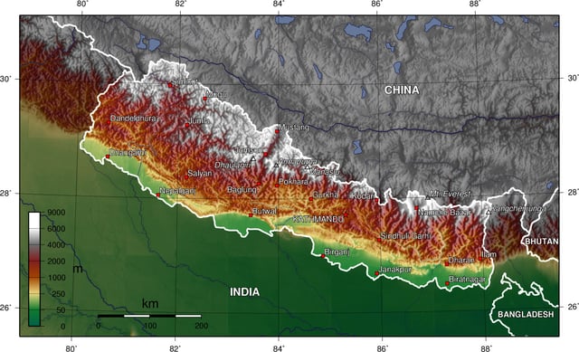 A topographic map of Nepal.