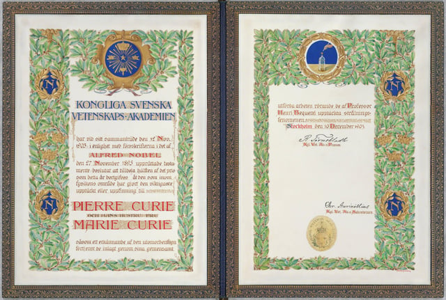 1903 Nobel Prize diploma, awarded to Marie Curie and Pierre Curie