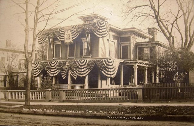 Home of Governor Frank Weeks, decorated for "Wesleyan Taft Day", 1909