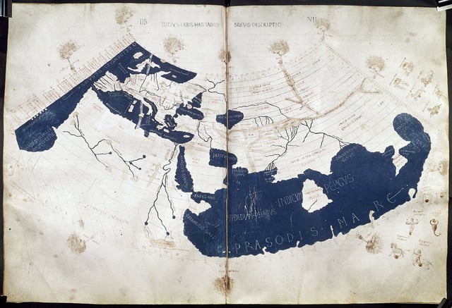 A 15th-century manuscript copy of the Ptolemy world map, reconstituted from Ptolemy's Geography (circa AD 150), indicating the countries of "Serica" and "Sinae" (China) at the extreme east, beyond the island of "Taprobane" (Sri Lanka, oversized) and the "Aurea Chersonesus" (Malay Peninsula).