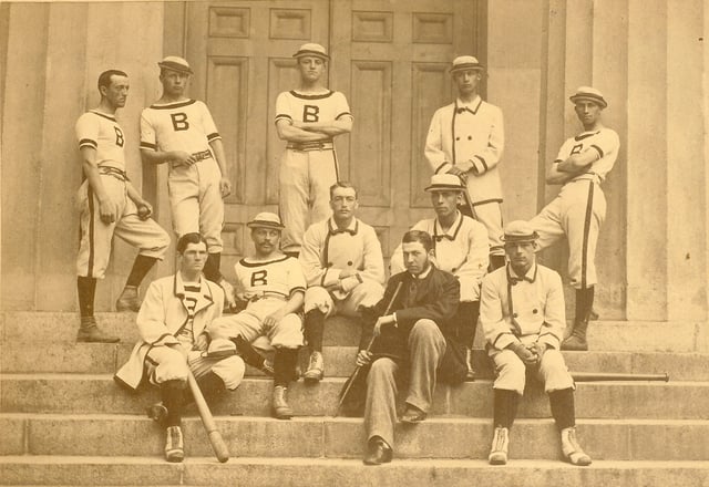 The 1879 Brown baseball varsity, with W.E. White seated second from right. White's appearance in an 1879 major league game may have broken baseball's color line 68 years before Jackie Robinson