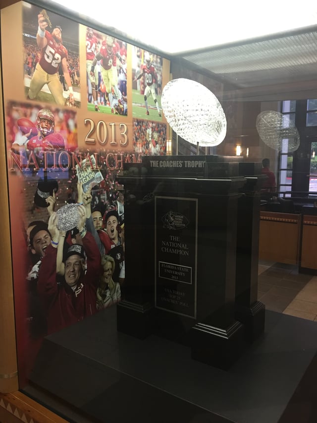 The BCS National Championship trophy on display at Florida State University. The 2013 Championship game marked the end of the BCS era.