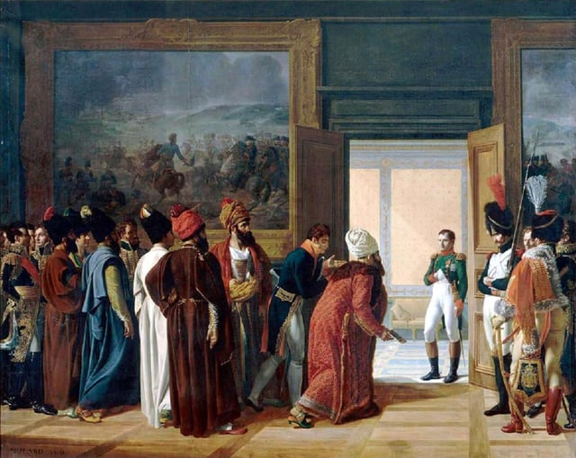 The Iranian envoy Mirza Mohammed Reza-Qazvini meeting with Napoleon I at the Finckenstein Palace in West Prussia, 27 April 1807, to sign the Treaty of Finckenstein.