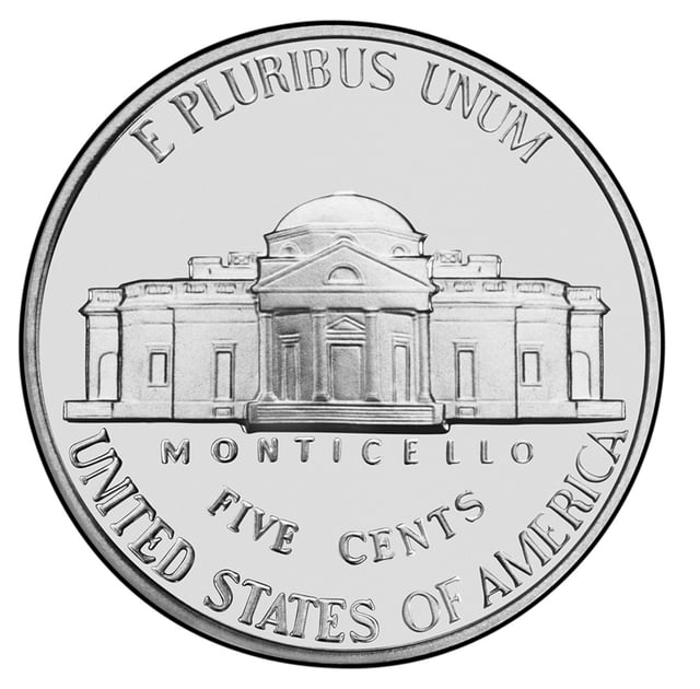 The Jefferson nickel reverse as struck from 1938 to 2003.