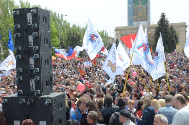 Pro-Russian separatists demonstrating during the Great Patriotic War Victory Day celebrations in Donetsk on 9 May 2014.