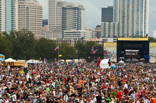 2009 Austin City Limits Music Festival with view of stages and Downtown Austin