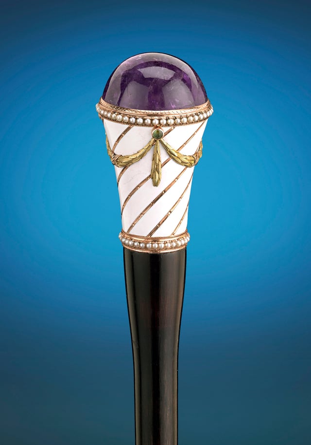 Purple amethyst cane handle by Fabergé with white enamel, rose and yellow gold, and a string of pearls. Circa 1890–1898