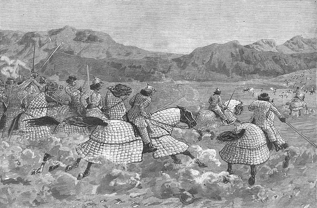 Late 19th century illustration of Beni Amer horsemen wearing quilted armour