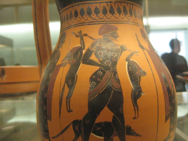 Ancient Greek black-figure pottery depicting the return of a hunter and his dog; made in Athens c. 540 BC, found in Rhodes