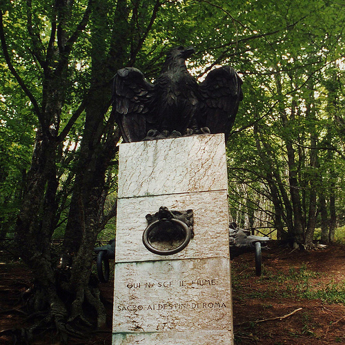 Source of the Tiber. Marked by a Column decorated with an Eagle and Wolf heads – Part of the Apennine fauna and symbols of Rome