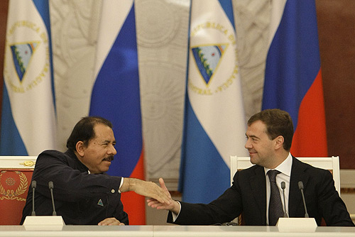 Nicaraguan president, Daniel Ortega with then Russian President Dmitry Medvedev in Moscow in 2008