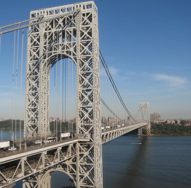The George Washington Bridge, connecting Fort Lee (foreground) in Bergen County across the Hudson River to New York City, is the world's busiest motor vehicle bridge.
