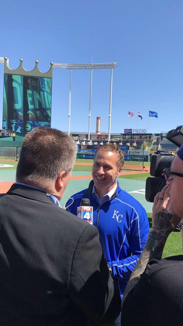 Greitens speaking to Fox 4 News at the 2017 MLB Opening Day for the Kansas City Royals in August 2017.