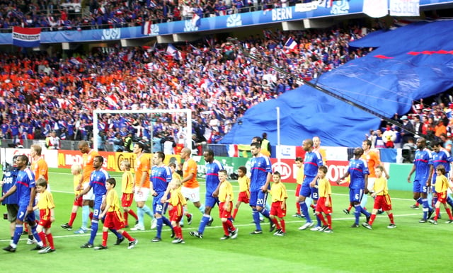 Henry (in blue, fourth from right) enters the field with France in their Euro 2008 game against the Netherlands
