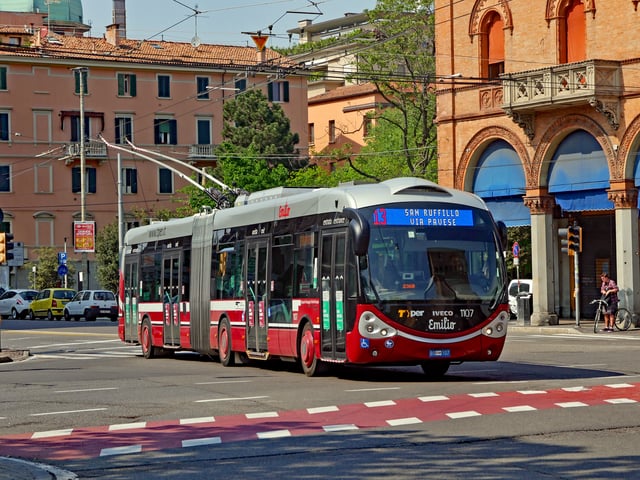 A Trolleybus of the urban trolleybus network managed by TPER, photographed in Via Saffi.