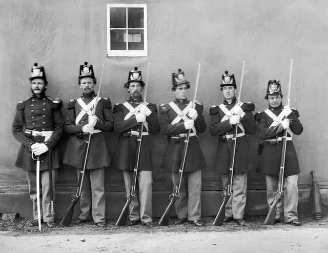 Five USMC privates with fixed bayonets, and their NCO with his sword at the Washington Navy Yard, 1864