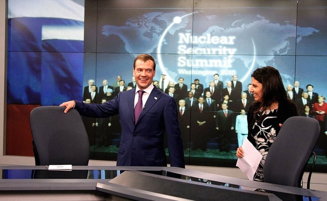 Dmitry Medvedev in the Washington studio of Russia Today TV with Margarita Simonyan