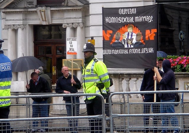National Front members protesting against growing legal recognition of LGBT rights at the London LGBT Pride march in 2007; the party has tried to protest against various Pride parades
