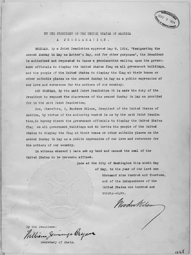 President Wilson's Mother's Day Proclamation of May 9, 1914