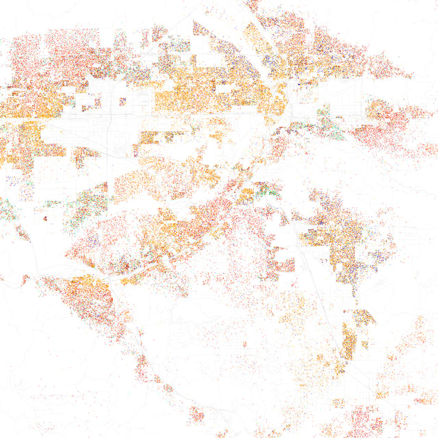 Map of racial distribution in Riverside, 2010 U.S. Census. Each dot is 25 people: White, Black, Asian, Hispanic or Other (yellow)