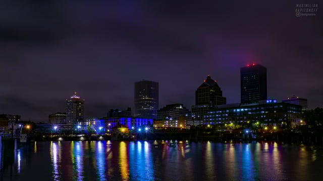 Downtown Rochester and the central business district after dark.