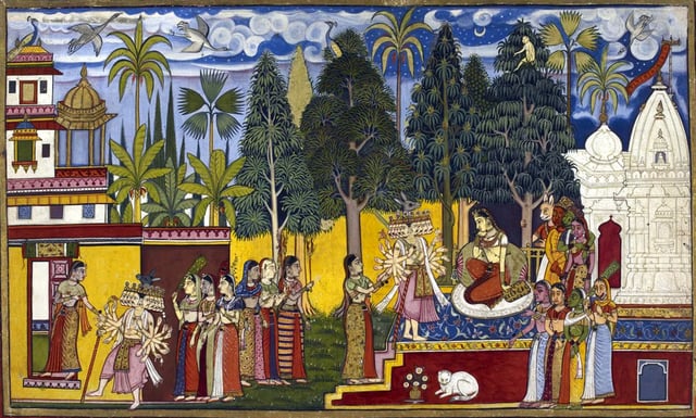 Ravana is meeting Sita at Ashokavana. Hanuman is seen on the tree.