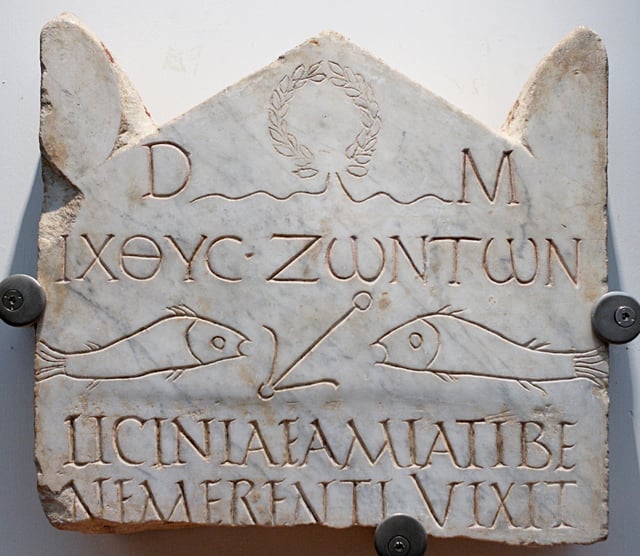 This funerary stele from the 3rd century is among the earliest Christian inscriptions, written in both Greek and Latin: the abbreviation D.M. at the top refers to the Di Manes, the traditional Roman spirits of the dead, but accompanies Christian fish symbolism.