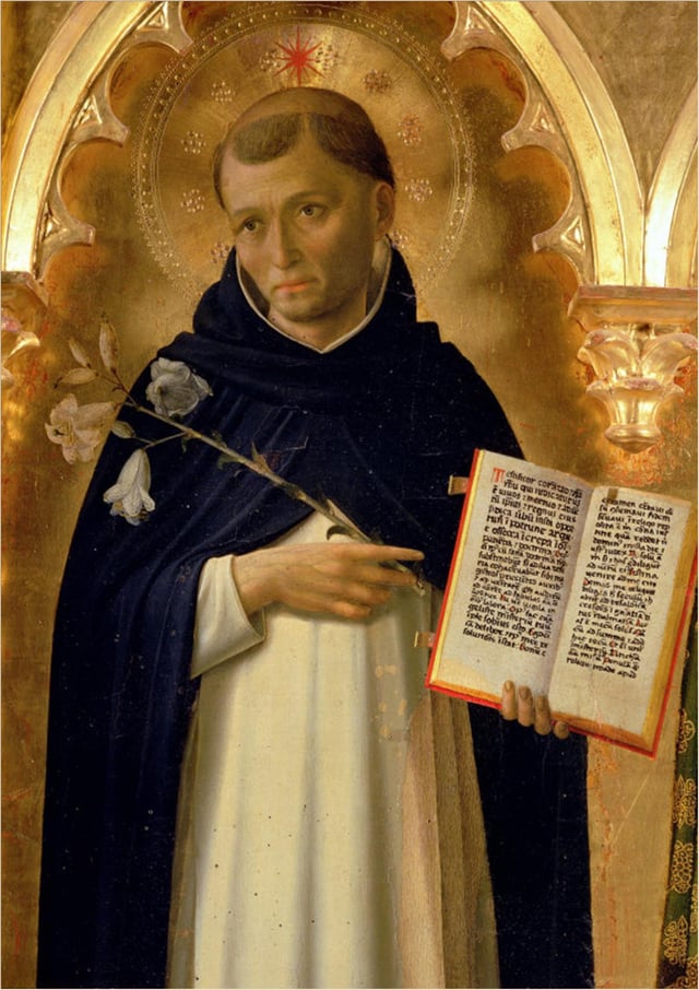 Saint Dominic (1170–1221), portrayed in the Perugia Altarpiece by Fra Angelico. Galleria Nazionale dell'Umbria, Perugia.