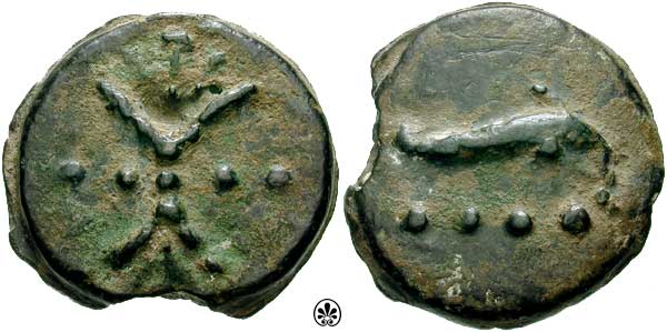 A triens coin (1/3 or 4/12 of an as). Note the four dots (····) indicating its value.