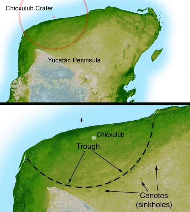 Location in the Yucatán peninsula of the Chicxulub crater. The scientific consensus is that the Chicxulub impactor was responsible for the Cretaceous–Paleogene extinction event.