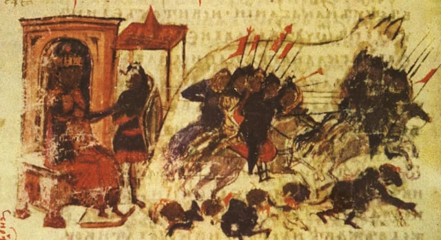 The Second Arab Siege of Constantinople, as depicted in the 14th-century Bulgarian translation of the Manasses Chronicle.