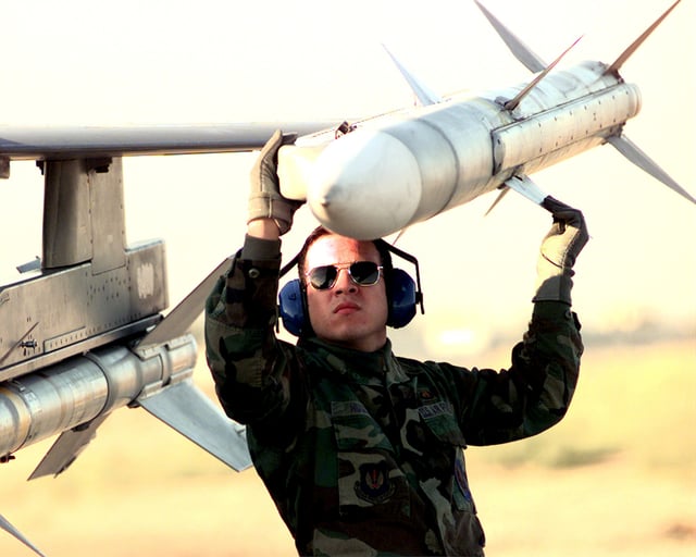AIM-9 Sidewinder (underwing pylon) and AIM-120 AMRAAM (wingtip) carried by lightweight F-16 fighter