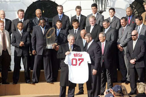 Victorious Red Sox players being honored at the White House by President George W. Bush