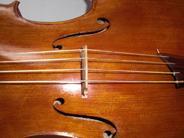 A baroque cello strung with gut strings.