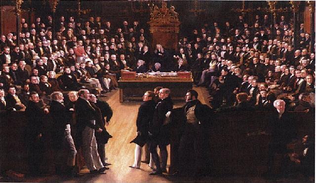 A painting by Sir George Hayter that commemorates the passing of the Reform Act of 1832. It depicts the first session of the newly reformed House of Commons on 5 February 1833. In the foreground, the leading statesmen from the Lords: Charles Grey, 2nd Earl Grey (1764–1845), William Lamb, 2nd Viscount Melbourne (1779–1848) and the Whigs on the left; and Arthur Wellesley, 1st Duke of Wellington (1769–1852) and the Tories on the right.