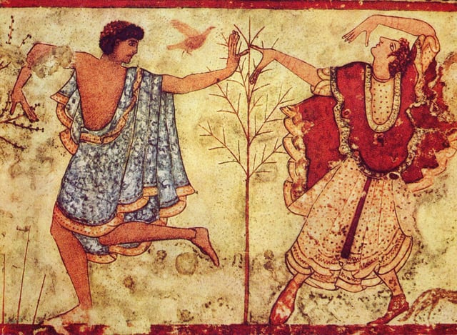 Etruscan fresco. Detail of two dancers from the Tomb of the Triclinium in the Necropolis of Monterozzi 470 BC, Tarquinia, Lazio, Italy