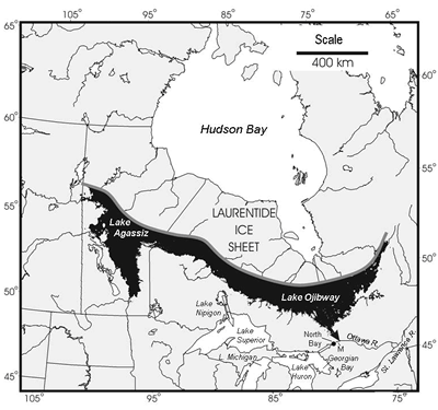 Glacial lakes Agassiz and Ojibway, 7,900 BPE