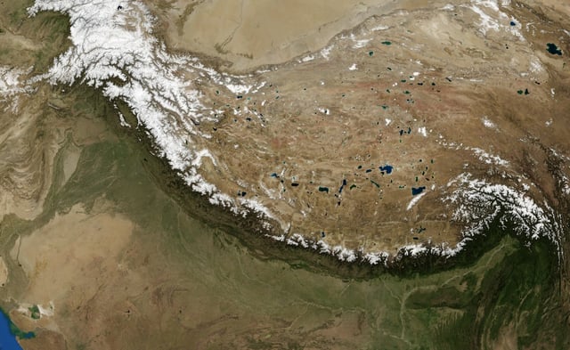 A satellite image showing the arc of the Himalayas