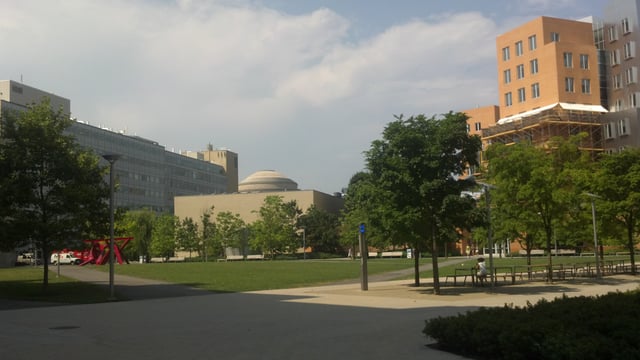 MIT main campus seen from Vassar Street, as The Great Dome is visible in the distance and the Stata Center is at right