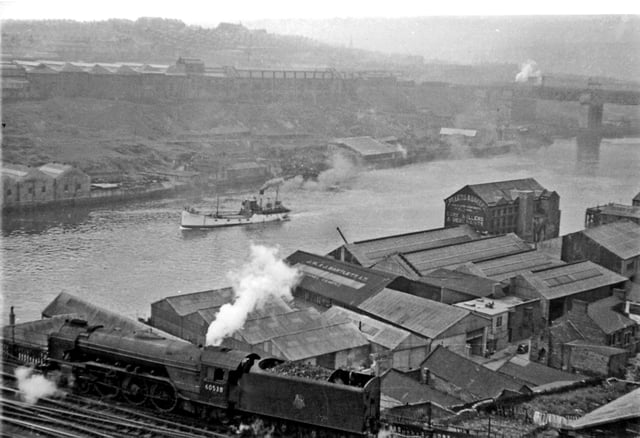 Panorama from Newcastle castle keep across the River Tyne to Gateshead in 1954