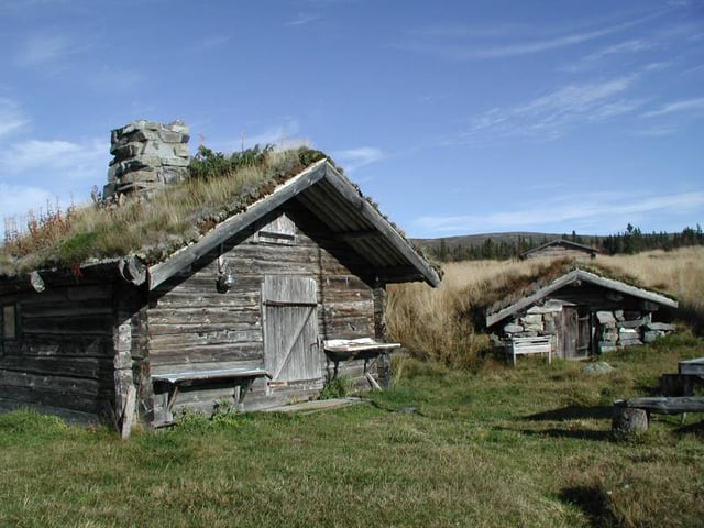 Traditional summer houses, buvåll "critter house" in Jämtland. 'Bu' is cognate to the English word "booth" and 'våll' to "weald"