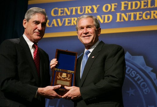 President Bush is presented with an honorary FBI Special Agent credential, 2008
