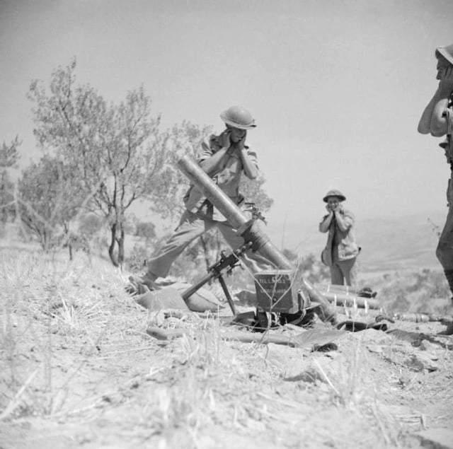 4.2-inch mortar of the 1st Battalion, Princess Louise's Kensington Regiment, British 78th Infantry Division, in action near Adrano, 6 August 1943.